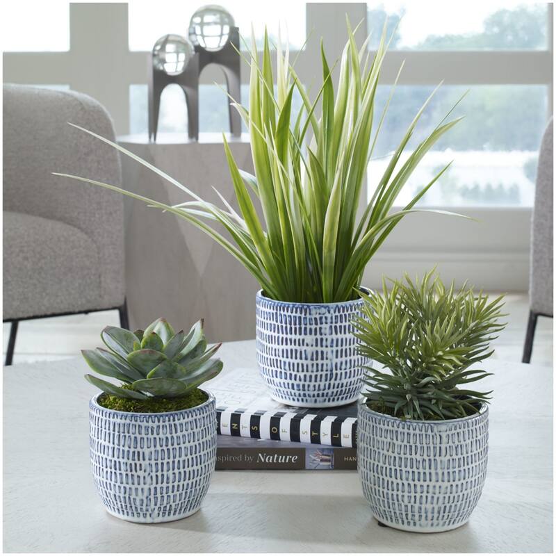 Uttermost 60192 Puebla Set of (3) Greenery Succulent and Spider Plants - Cobalt Blue / White
