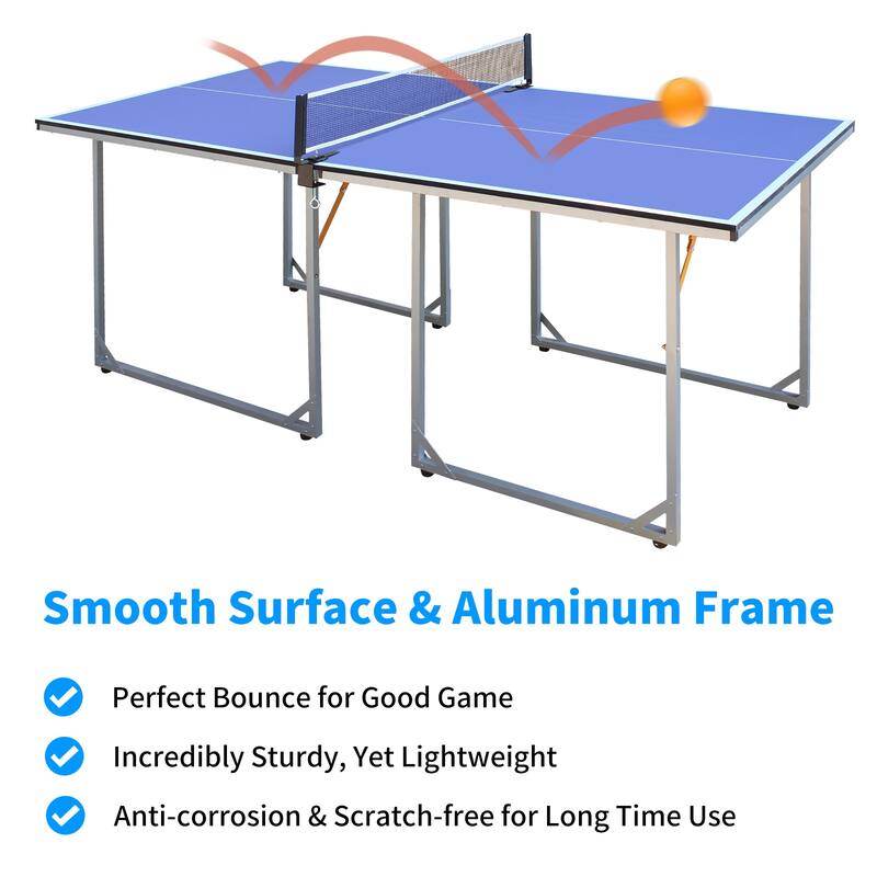 Roomfitters 6ft Mid-Size Table Tennis Table, Foldable and Portable, Includes Net, 2 Paddles and 3 Balls, Indoor Outdoor, Blue