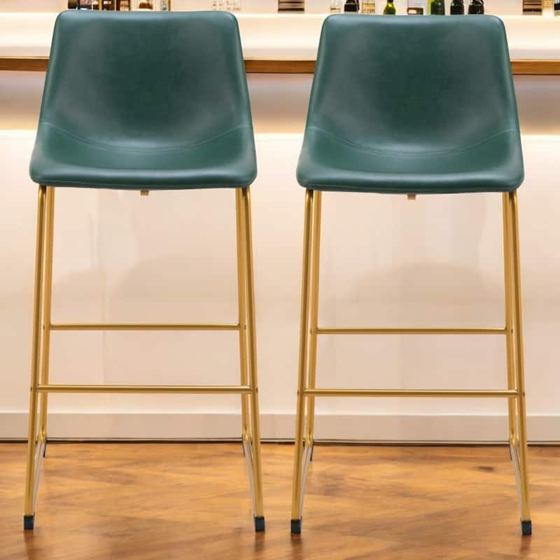 Green Faux Leather Bar Stools Set of 2 Gold Powder-Coated Frame 28.5" High Seating for Home Bar - 39.4”H x 19.7”W x 21.3”D