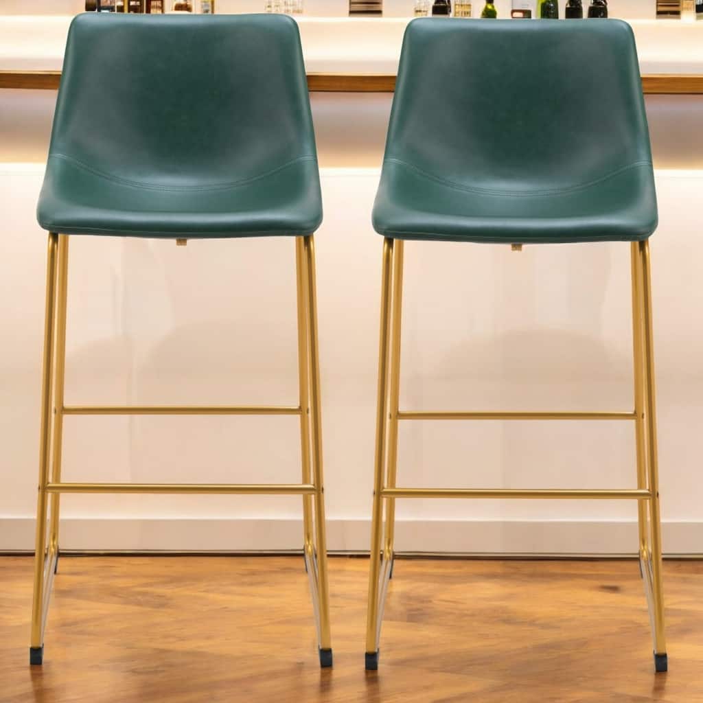 Green Faux Leather Bar Stools Set of 2 Gold Powder-Coated Frame 28.5" High Seating for Home Bar - 39.4”H x 19.7”W x 21.3”D