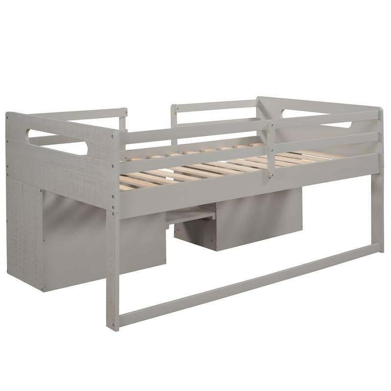Twin Solid Pine Loft Bed with Shelves, Drawers, and Guardrail