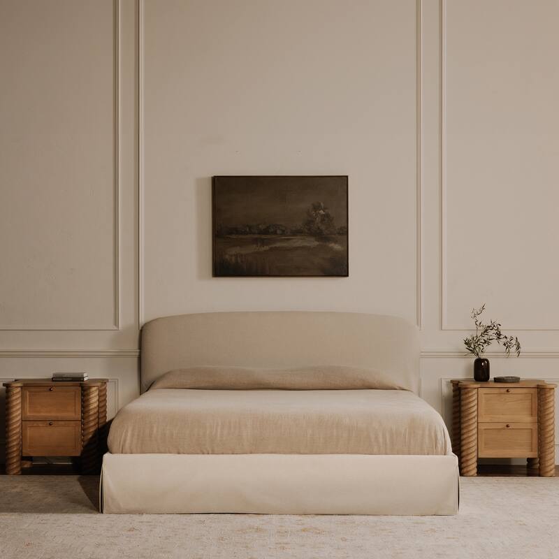 NADAAL STUDIOS Calvert Treccia Nightstand, Solid Oak with Oak Veneer Panels, 2 Drawers, Turned Legs, Natural Finish