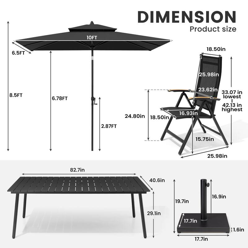 9/11-Piece Outdoor Aluminum Patio Dining Set w/10 ft Umbrella and Base, Rectangle Table and Folding Chairs