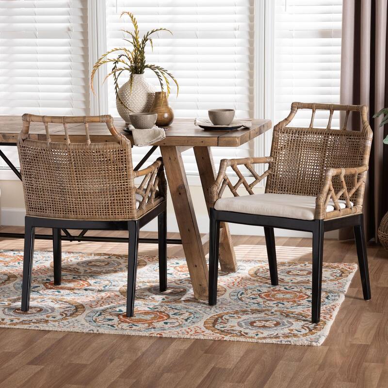 Abiel Natural Rattan Dining Armchair with Cushion - Handwoven Wicker Chair with Mahogany Wood Frame, Coastal Boho Seating