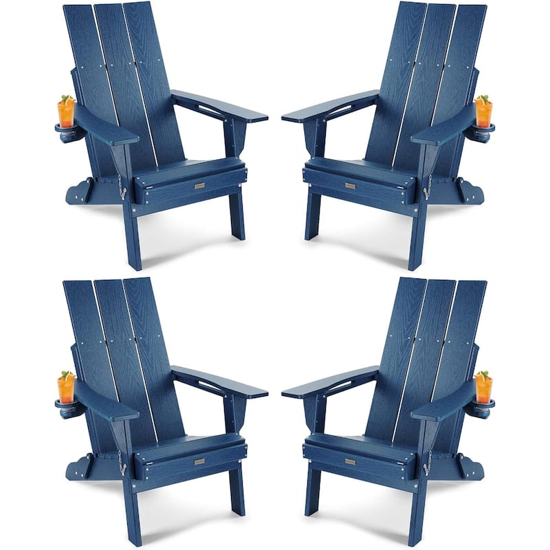WINSOON HDPE Outdoor Folding Adirondack Chair With Cup Holder( Set of 4) - Navy x4