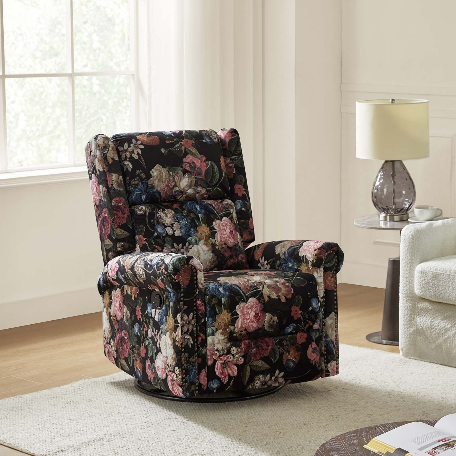 Leopold Transitional Floral Print Manual Swivel Rocking Recliner with Nailhead Trims by HULALA HOME