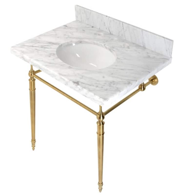 Kingston Brass KVPB3022M8 Edwardian 30" Console Oval Sink with Metal - Marble White / Brushed Brass