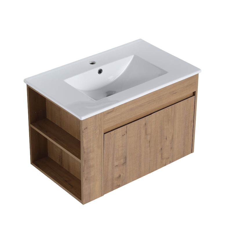 30 inch Wood Wall-Mounted Bathroom Vanity Set with Integrated Ceramic Sink