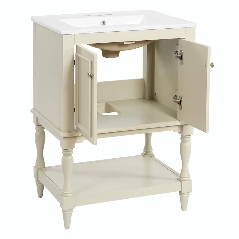 24" Modern Luxury Bathroom Vanity with Ceramic Sink, Freestanding Cabinet with Open Shelf and Enclosed Storage