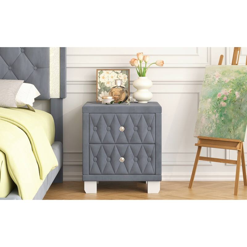 Elegant Velvet Nightstand with 2 Drawers and Crystal Handle,Storage Bedside Table with Button-Tufted,Grey