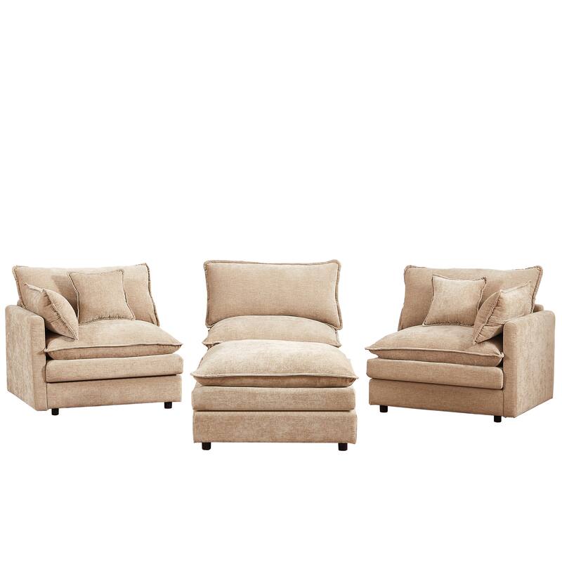 105" Chenille Modular Sectional Sofa L Shaped 3-Seater Couch Set with Movable Ottoman and 2 Pillows