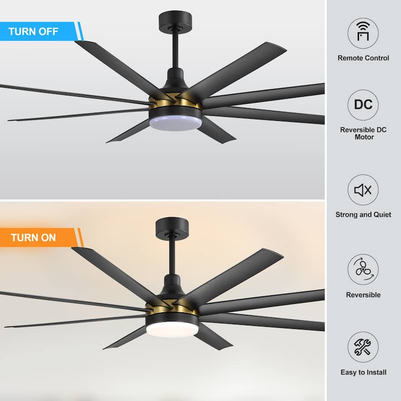 65 Inch Black Large Ceiling Fan with Light Remote(8-Blade)