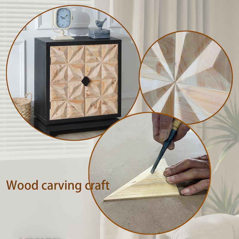 Roomfitters 3D Geometric Carved Double-Door Cabinet, Modern Black and Natural Wood Storage Sideboard