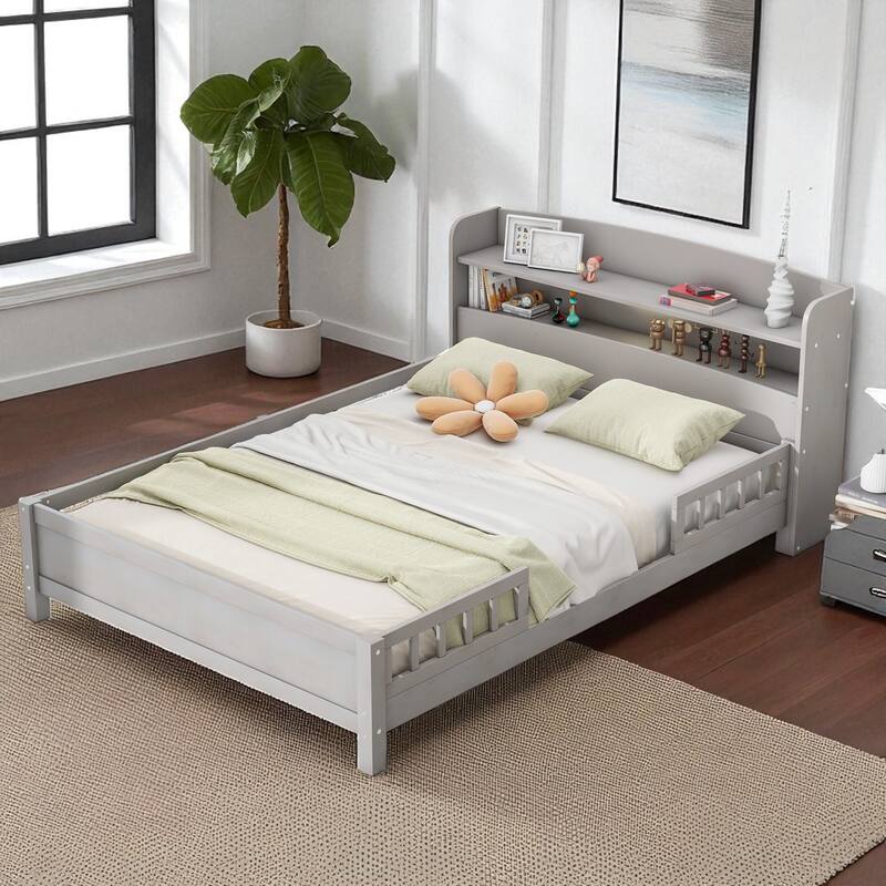 Twin/Full Size Wood Platform Bed with LED Light, Storage Headboard and Guardrail, No Box Spring Needed - Antique Gray - Full