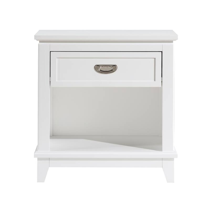 Sely Nightstand, 1 Drawer w Open Cubby, White Wood, Ring Handle