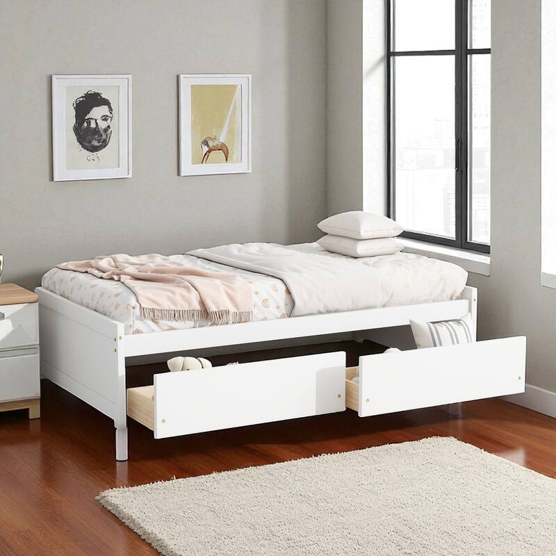 Twin Bed with Storage Drawers, Solid Rubberwood Platform, 10 Slats, No Box Spring Needed, Kids & Guest Room, 76.6"x41.6" - White - Twin