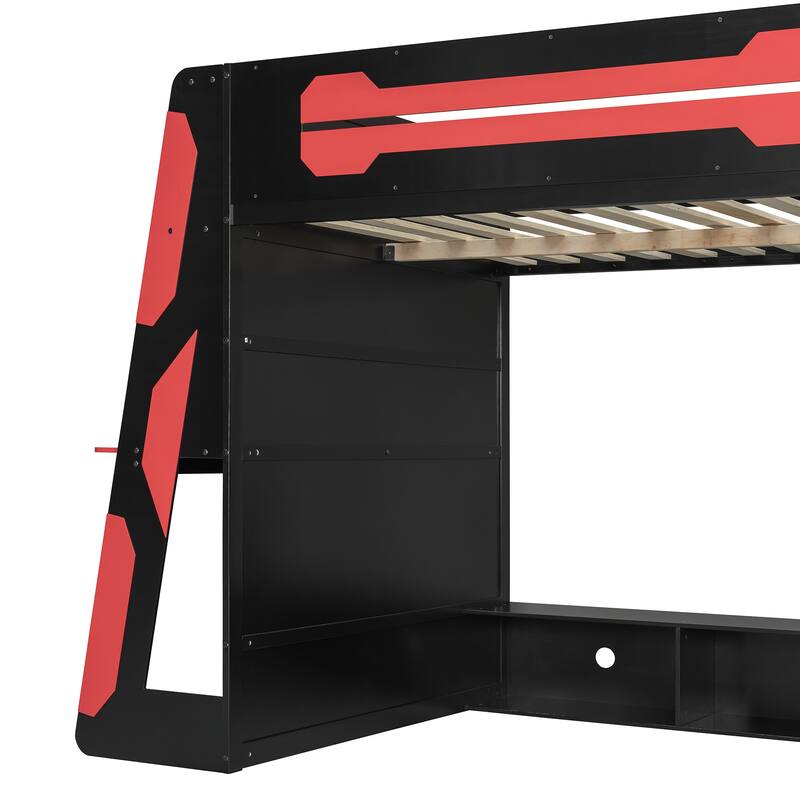Full Size Esports Gaming Loft Bed Wood Frame Loft Bed with All-in-one Work Play Desk, Bookcase and RGB Ambient Light