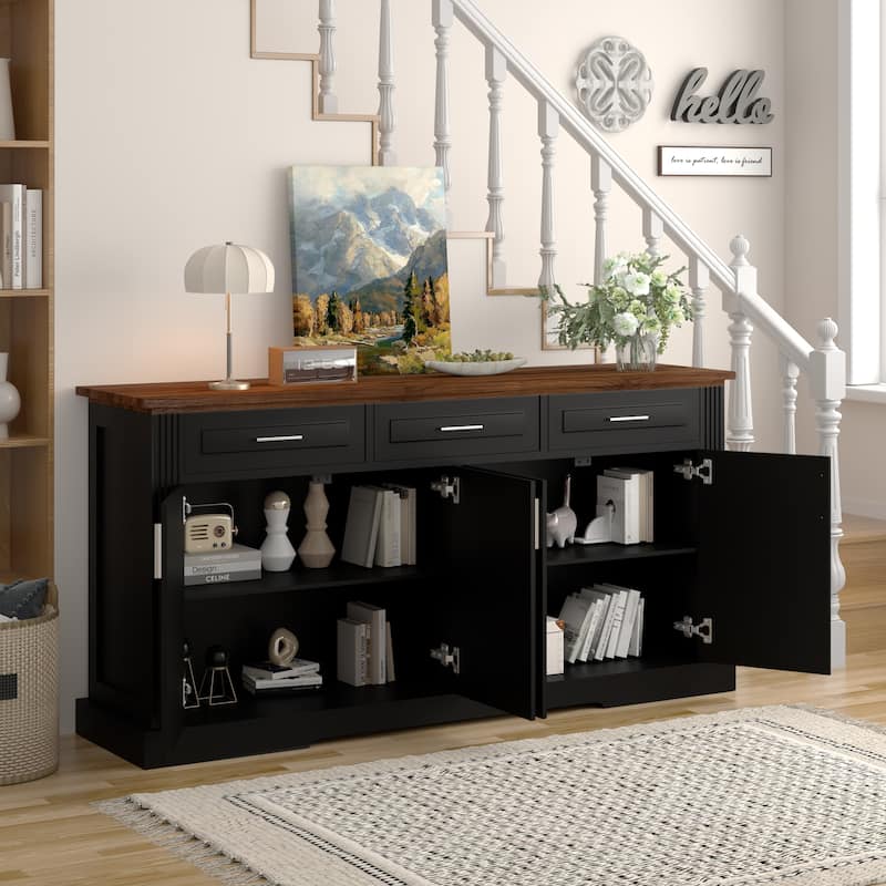Buffet Sideboard Storage Cabinet with 3 Drawers & 4 Doors, Kitchen Accent Buffet Console Table Credenza with Adjustable Shelves