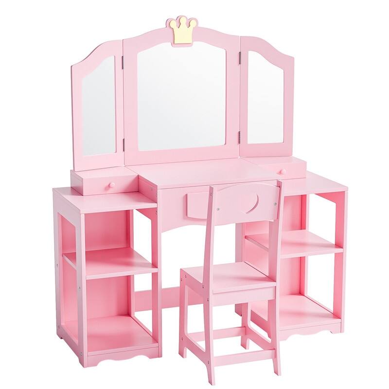 Kids Vanity Table And Chair Set, 2 In 1 Girls Vanity Storage Cabinet W/Tri-Folding Mirror - N/A - Pink
