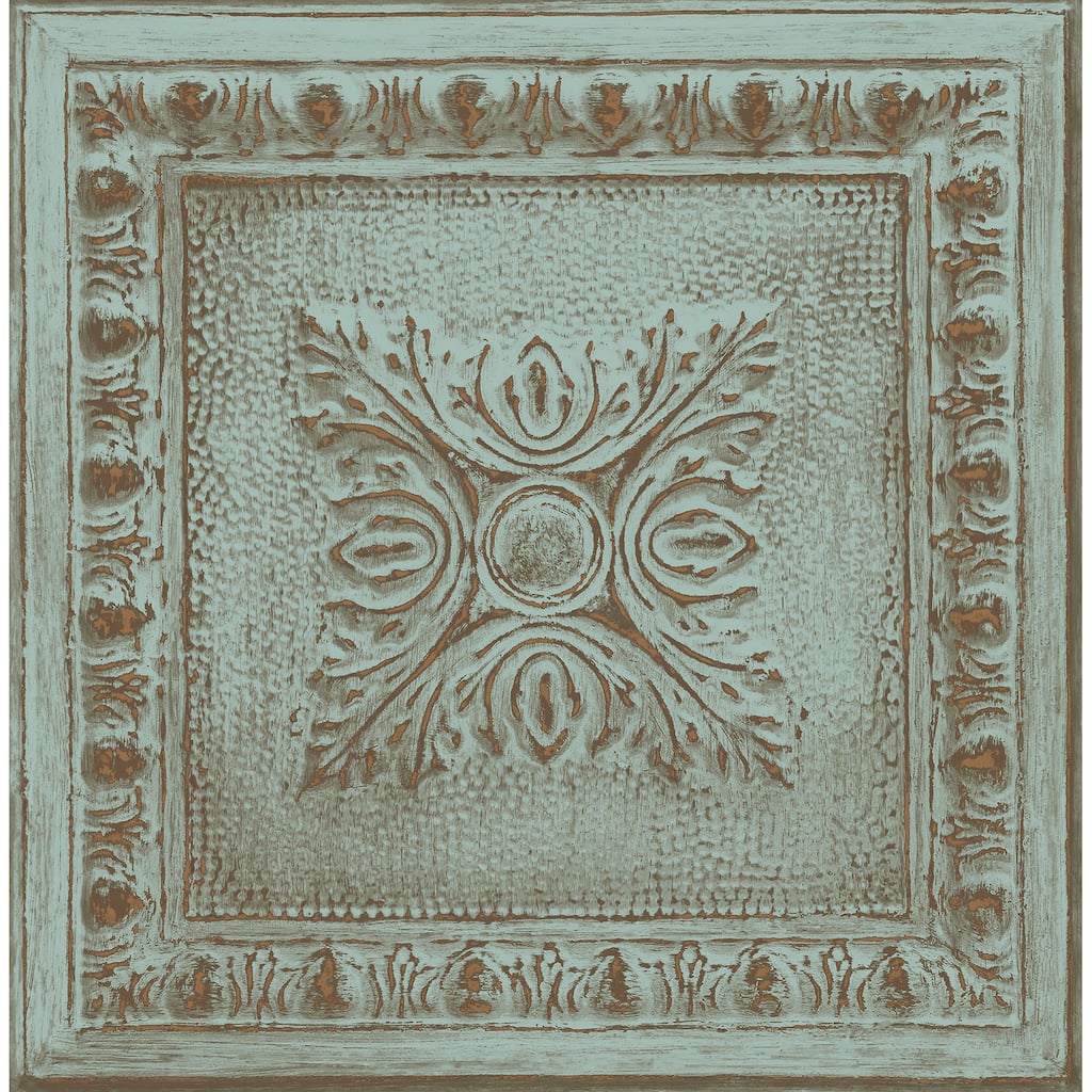 Brewster Hazley Turquoise Ornamental Tin Tile Wallpaper - 20.5in x 396in x 0.025in
