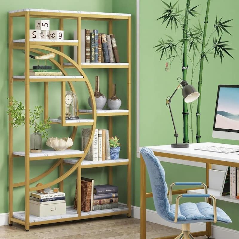 69" Tall Geometric Bookcase with 9 Open Shelves Metal Frame and Marble Laminate Top for Living Room - 37.4”L x 11.81”W x 68.89”H