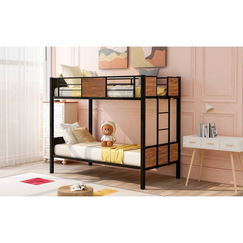 Twin/Full Size Bunk Bed with Steel Frame, Safety Rail, and Built-In Ladder, Space-Saving Design for Kids and Adults