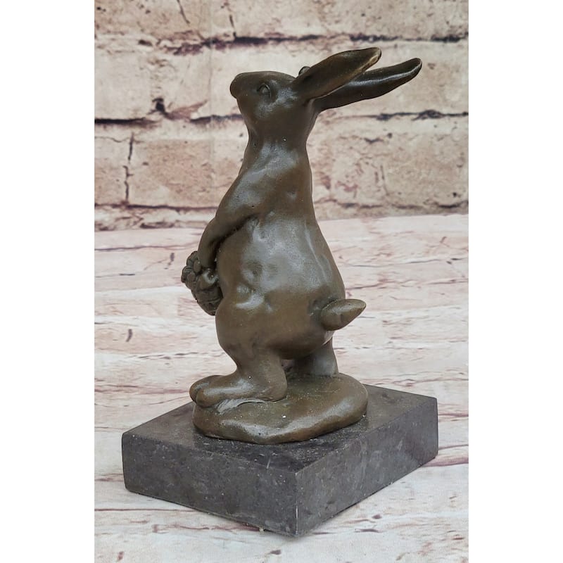 Easter Bunny Imitative Rabbit Holding A Basket Bronze Sculpture Statue Figure On Marble Base