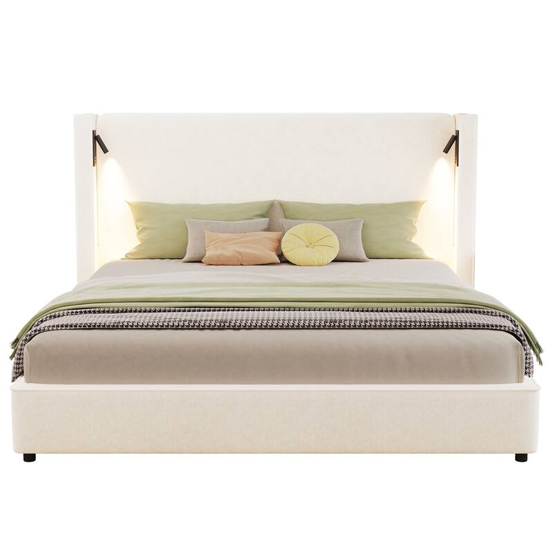 High Wingback Headboard Upholstered Platform Bed with USB port