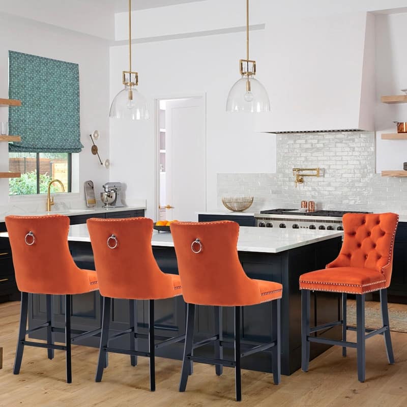 Wing Back Velvet Tufted Nailhead Barstools(Set of 4)