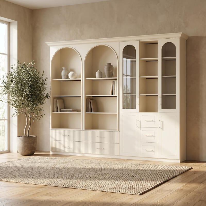Modular Bookcase with LED Lights, Glass Door Storage Cabinet with Drawers, Large Display Shelving Unit Sideboard - 121.1"W(Combo)