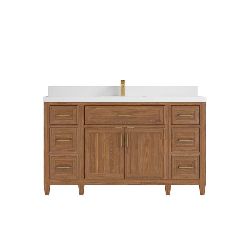 Willow Collections 60 in. W x 22 in. D Santa Monica Teak Single Sink Bathroom Vanity with Countertop - 2”White Quartz - Dark Natural