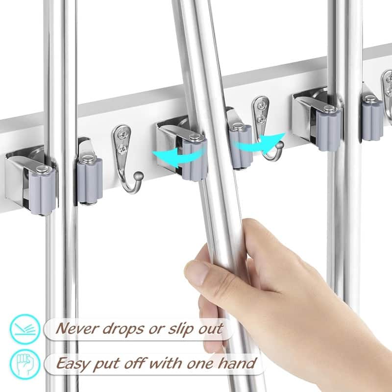 Mop and Broom Holder Wall Mount With 5 Slots & 4 Hooks - 1 Pack