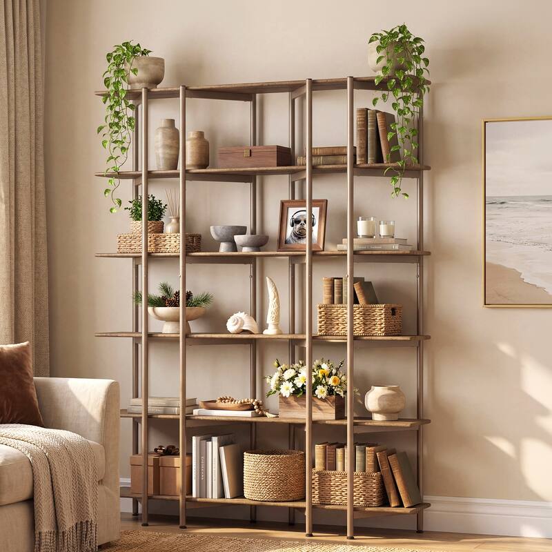 6-Tier Bookshelf, 55.1" W x 70.9" H Bookcase with Metal Frame - Brown