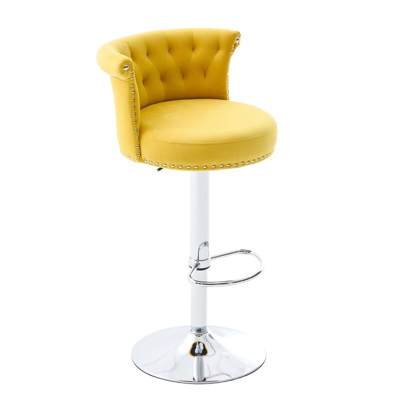 Velvet Upholstered Bar Stool Set of 2, Adjusatble Height Swivel Bar Stools, Dining Chairs with Curved Backrest & Footrest