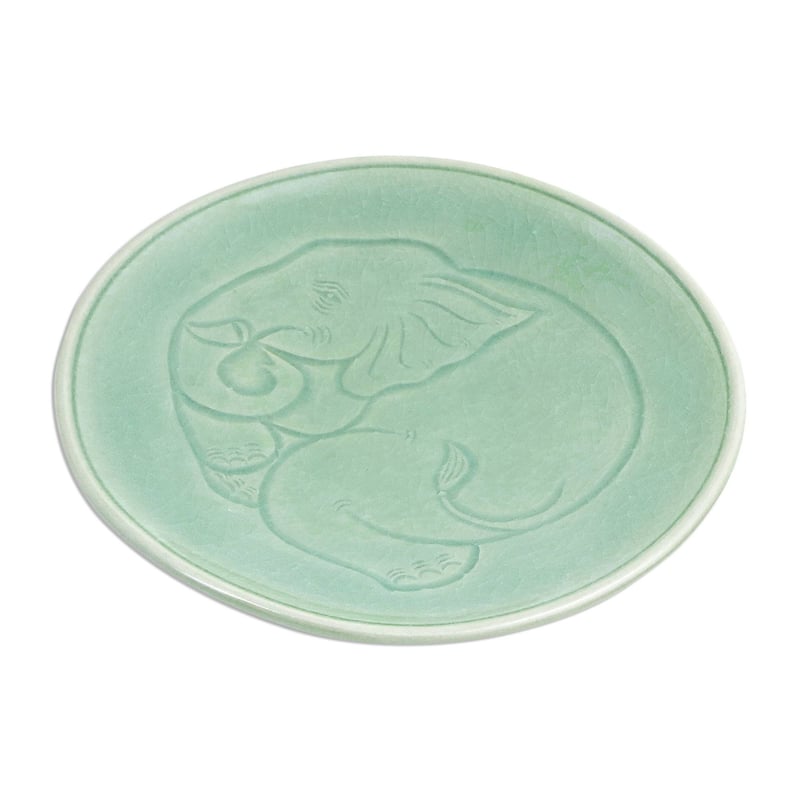 Handmade Sleeping Elephant Celadon ceramic dinner plate (Thailand)