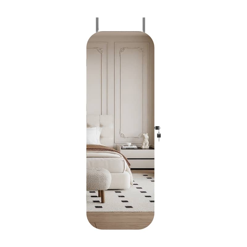 Jewelry Armoire Organizer with Full Length Mirror, Door or Wall Mounted,Lockable Storage Cabinet, Interior Mirror, White
