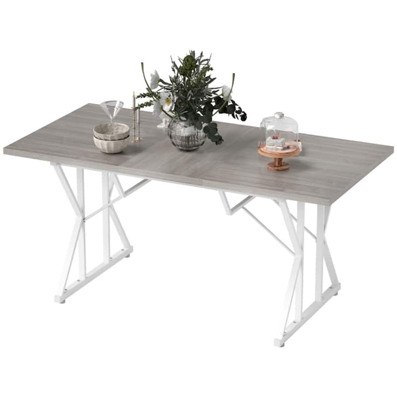 Expandable Farmhouse Dining Table Distressed Gray Brown MDF Top with Metal Trestle Base Extends from 47 to 63 Inches - Gray