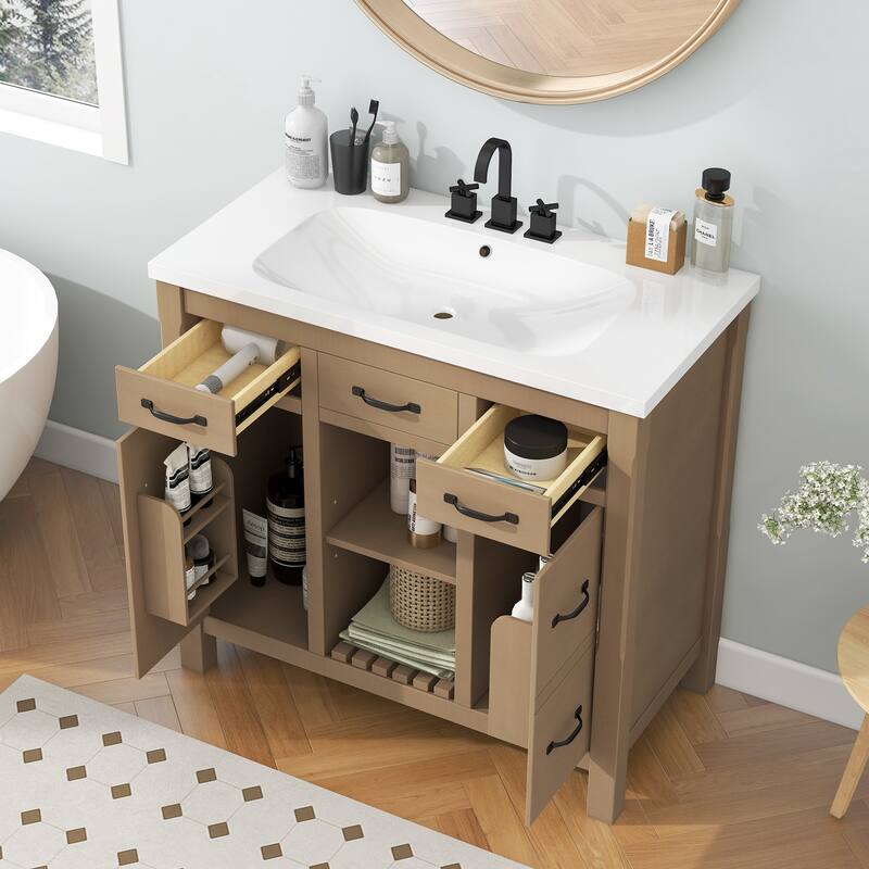36" Solid Wood Frame Bathroom Cabinet