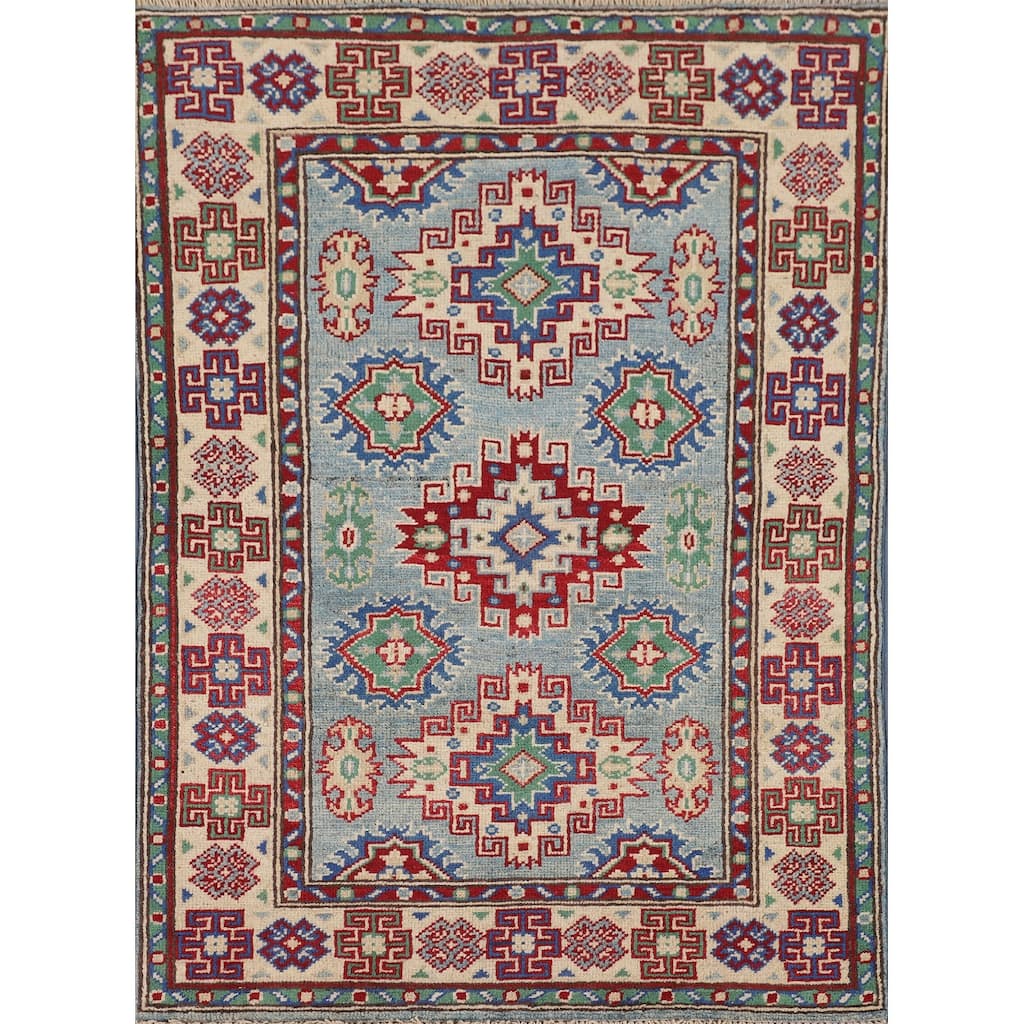 Light Blue Kazak Accent Rug Hand-Knotted Bedroom Wool Carpet - 2'7" x 3'10"