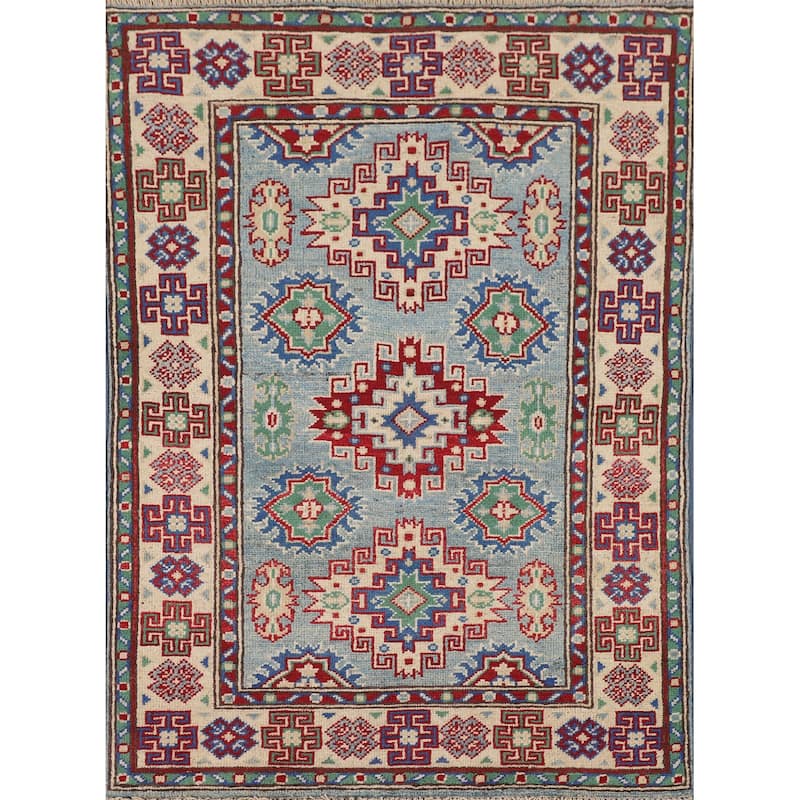 Light Blue Kazak Accent Rug Hand-Knotted Bedroom Wool Carpet - 2'7" x 3'10"
