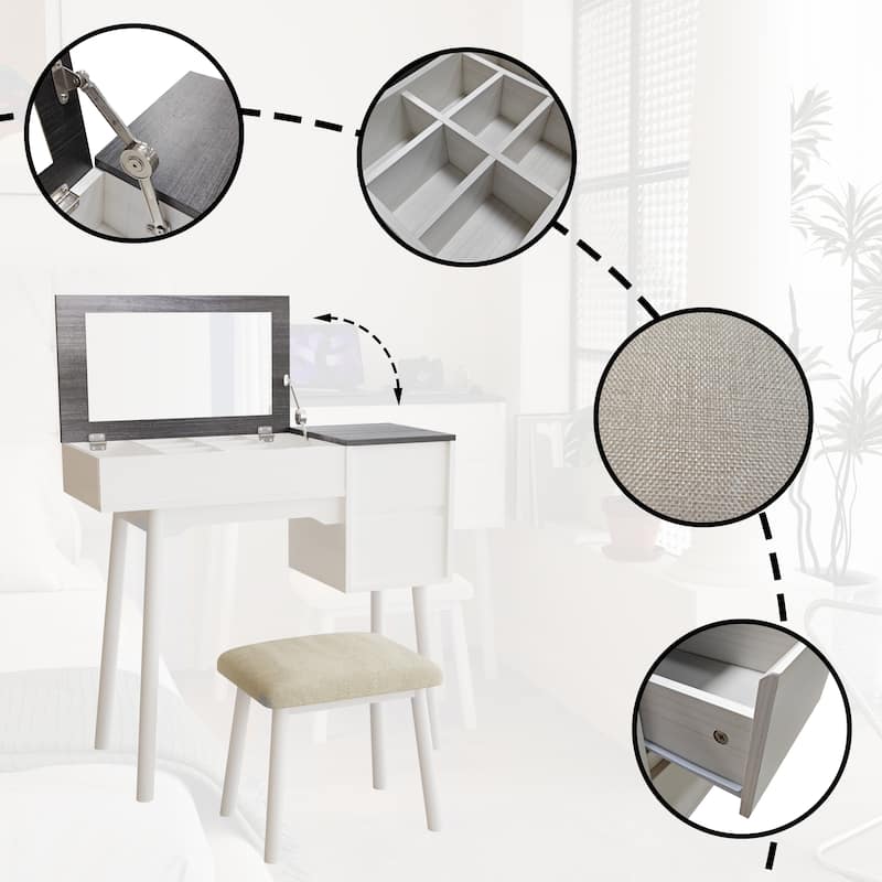 Anmytek Vanity Desk with Flip Top Mirror and Stool Makeup Table and Workspace 2 in 1