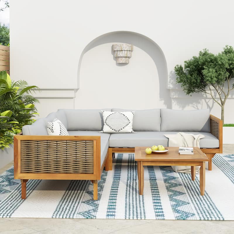 Acacia Wood Outdoor Modular Seating Set with Waterproof Cushions and Side Table Outdoor Sofa Set for Garden