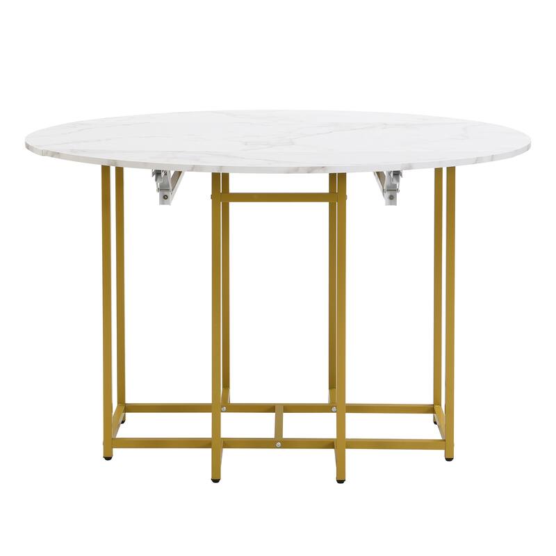 Roomfitters Space-Saving 5-Piece Extendable Dining Table Set with Round Faux Marble Top, 4 Upholstered Chairs