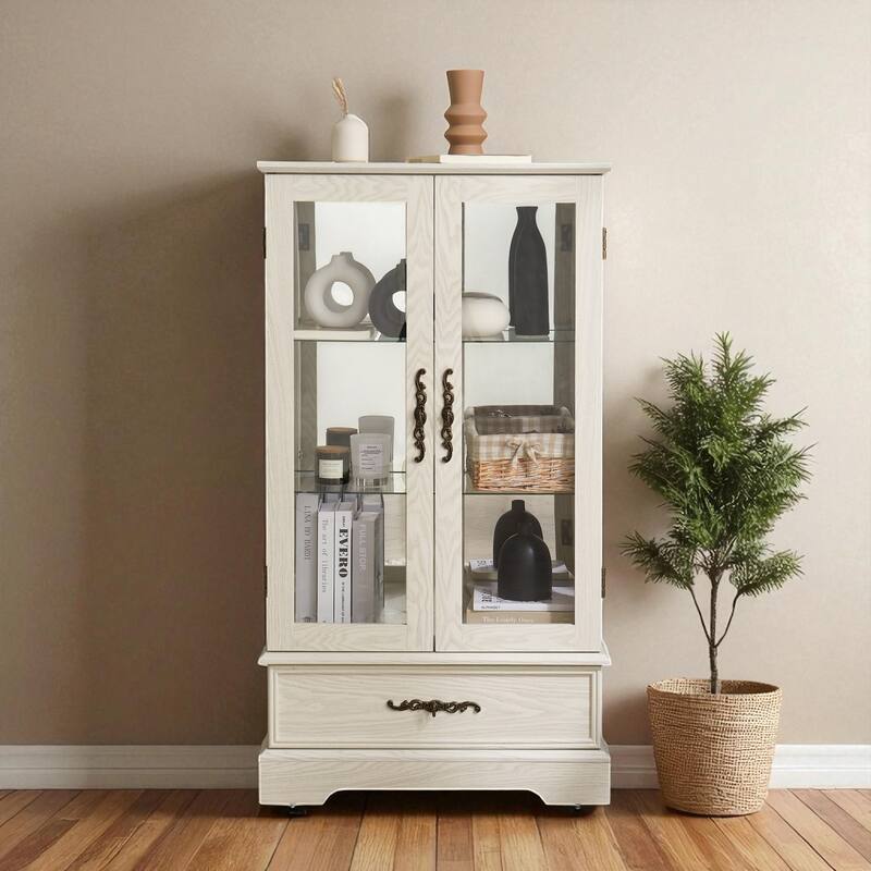 Lighted Glass Curio Cabinet with Adjustable Shelves, 2-Door Display Cabinet with Drawer and Built-in Bulb, Retro Accent Storage - White