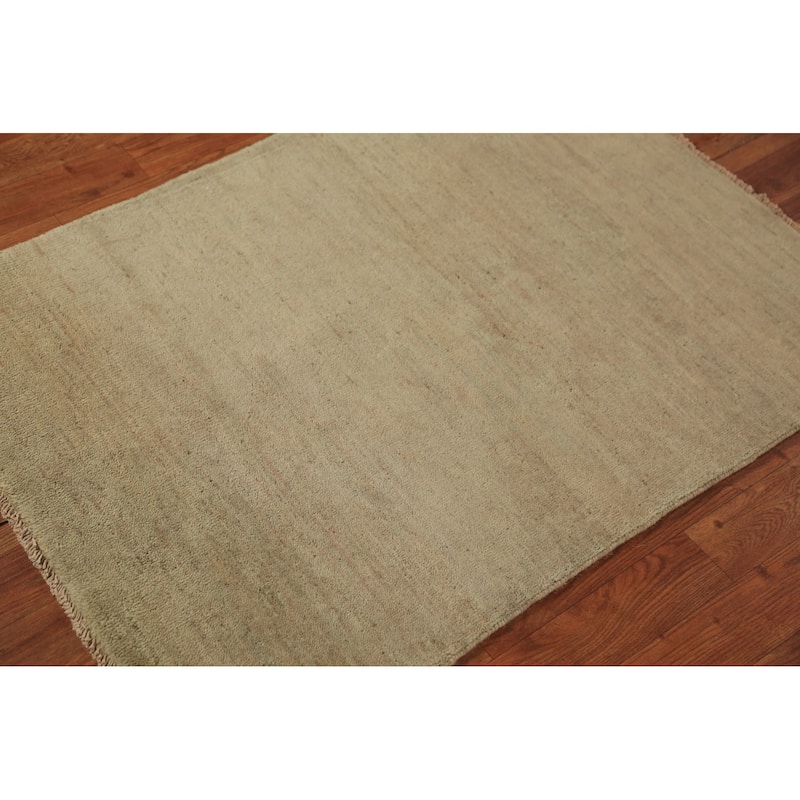 Modern Green Gabbeh Oriental Rug Hand-Knotted Solid Wool Carpet - 2'9" x 3'10"