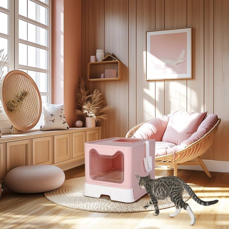 Cat Litter Box with X-Large Litter Mat and Scoop, Large Foldable Litter Box with Lid, Enclosed Kitty Box,Front Top Entry Exit