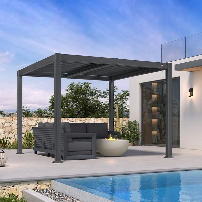 PURPLE LEAF Grey Louvered Sun Shade Pergola - Adjustable Metal Roof for Patio Hardtop Pergola - 10' x 10' - Grey