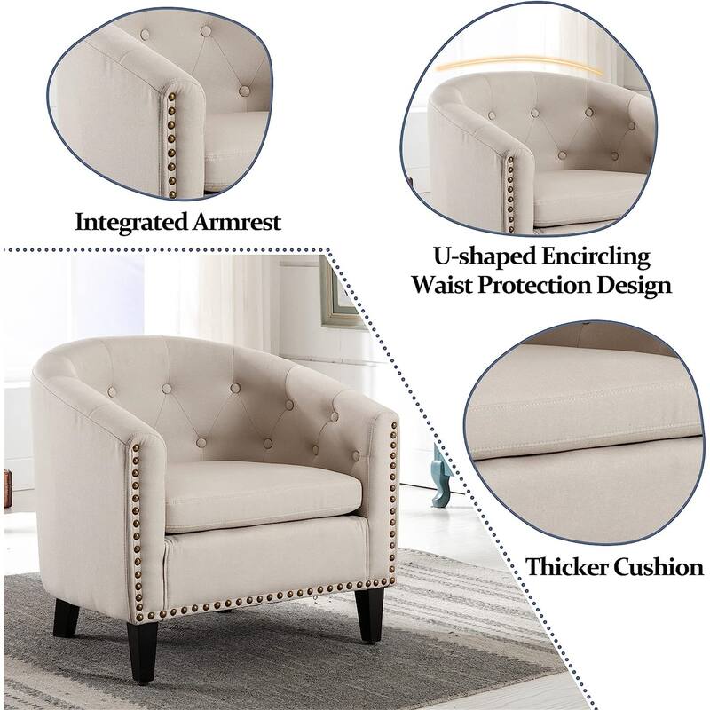Modern Linen Fabric Tufted Club Chair Comfortable Reading Tub Armchair for Living Bedroom