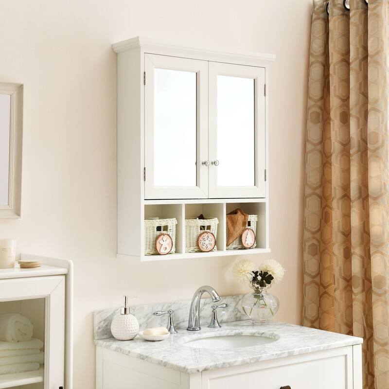 Wall Mounted Bathroom Storage Cabinet with Adjustable Shelves, Medicine Cabinet with 2 Mirror Doors and 3 Baskets - White