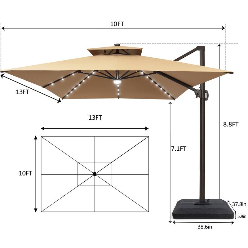 10 X 13 FT Outdoor Patio Cantilever Umbrella with Solar Lights 4-Piece Premium Base Double Canopy 360 Rotation Tilt